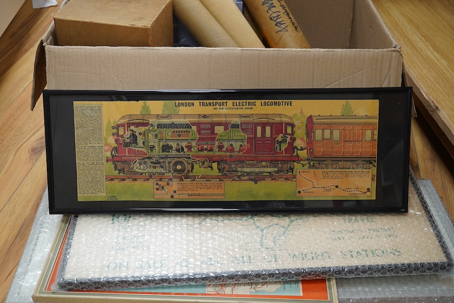 A collection of Railwayana, including a number of London Transport folding pocket maps, a hardback Railway Clearing House Official Railway Map of Durham and District dated 1914 and laid on canvas